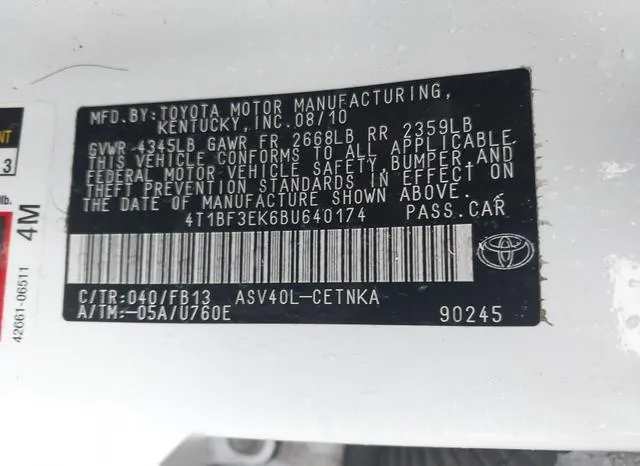 4T1BF3EK6BU640174 2011 2011 Toyota Camry- LE 9