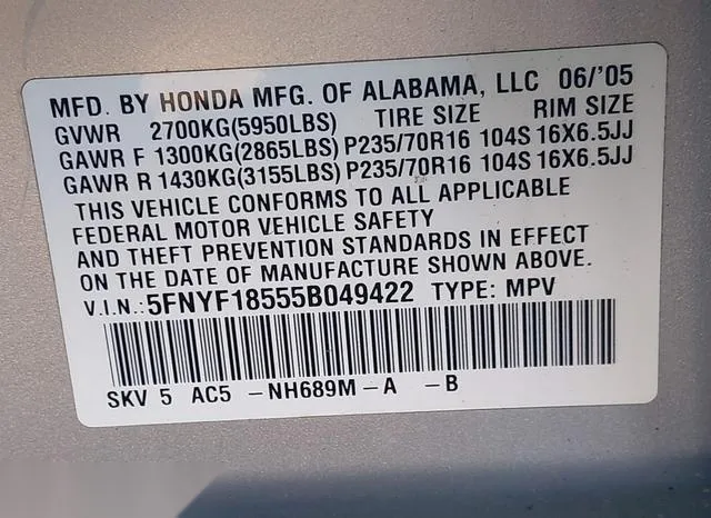 5FNYF18555B049422 2005 2005 Honda Pilot- Exl 9