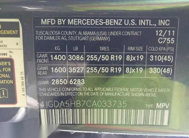 4JGDA5HB7CA033735 2012 2012 Mercedes-Benz ML 350- 4Matic 9