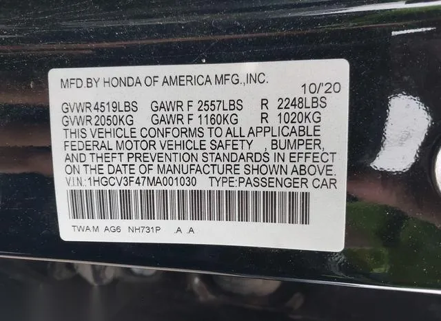 1HGCV3F47MA001030 2021 2021 Honda Accord- Hybrid Ex 9