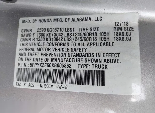 5FPYK2F60KB005862 2019 2019 Honda Ridgeline- Rtl-T 9