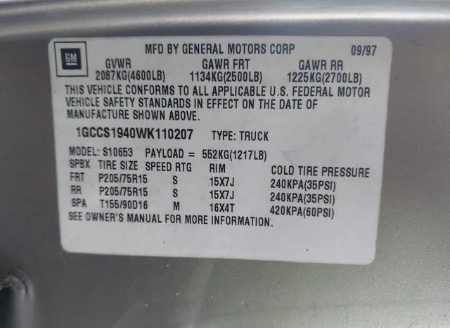 1GCCS1940WK110207 1998 1998 Chevrolet S10- Ls Fleetside 9