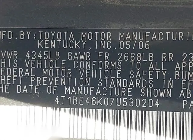 4T1BE46K07U530204 2007 2007 Toyota Camry- LE 9