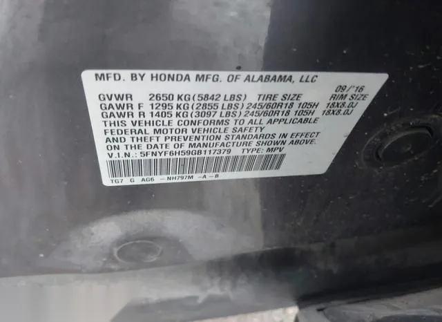 5FNYF6H59GB117379 2016 2016 Honda Pilot- Ex-L 9