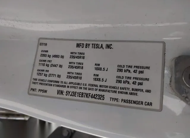 5YJ3E1EB7KF442325 2019 2019 Tesla Model 3- Long Range/Perfo 9