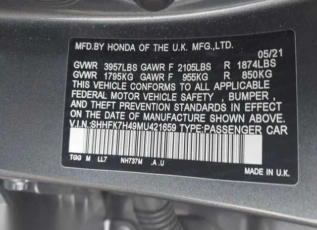 SHHFK7H49MU421659 2021 2021 Honda Civic- Sport 9