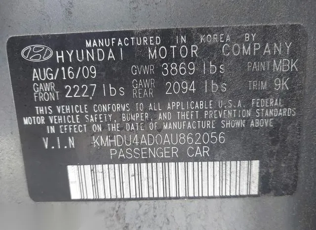 KMHDU4AD0AU862056 2010 2010 Hyundai Elantra- Gls 9