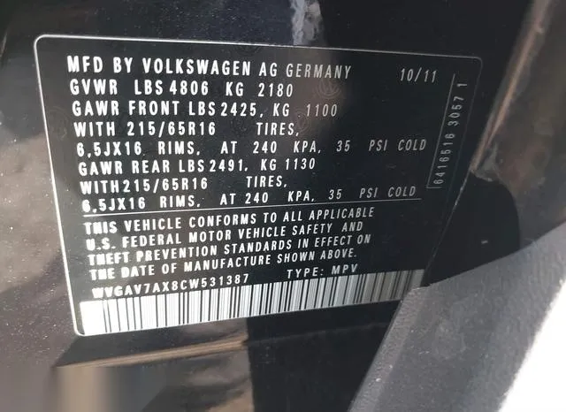 WVGAV7AX8CW531387 2012 2012 Volkswagen Tiguan- S 9