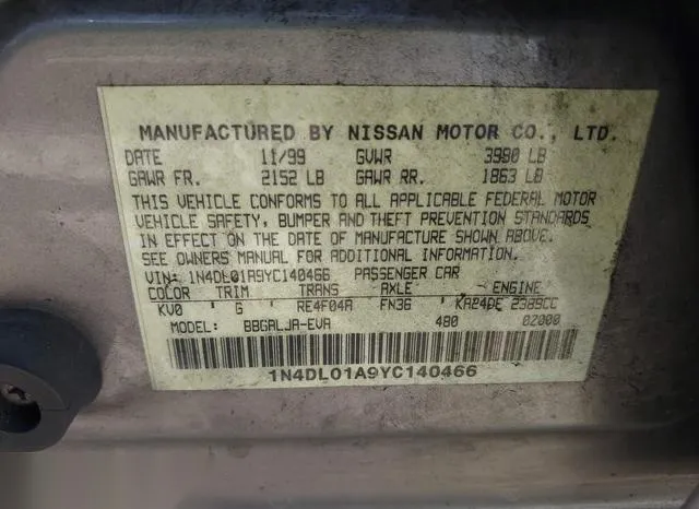 1N4DL01A9YC140466 2000 2000 Nissan Altima- Xe/Gxe/Se/Gle 9