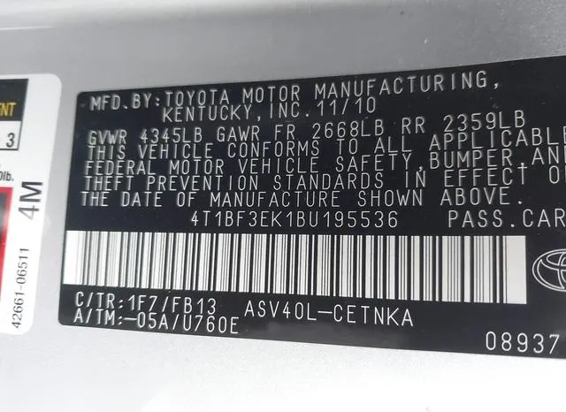 4T1BF3EK1BU195536 2011 2011 Toyota Camry- LE 9