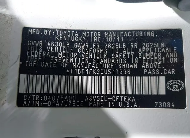 4T1BF1FK2CU511336 2012 2012 Toyota Camry- L 9