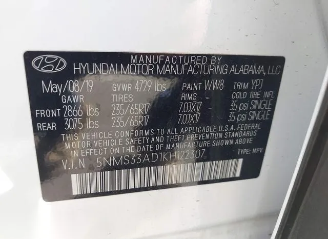 5NMS33AD1KH122307 2019 2019 Hyundai Santa Fe- Sel 9