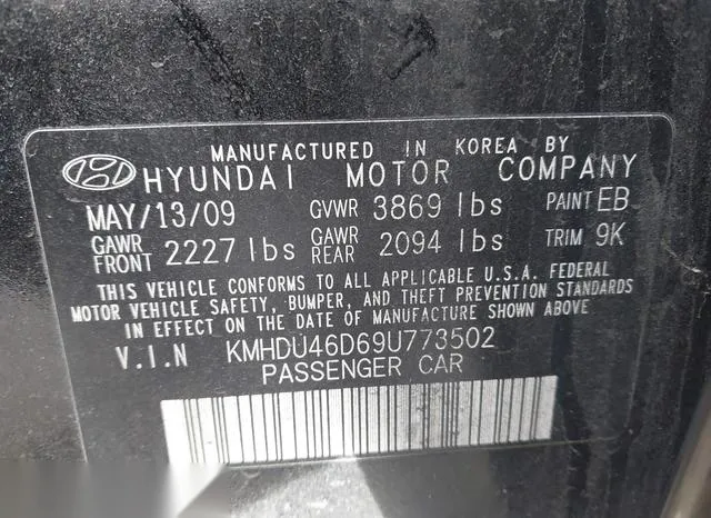 KMHDU46D69U773502 2009 2009 Hyundai Elantra- Gls 9