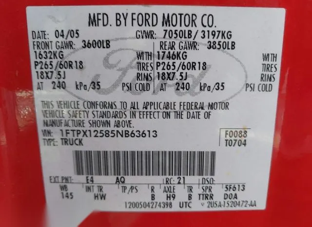 1FTPX12585NB63613 2005 2005 Ford F-150- Lariat/Xl/Xlt 9