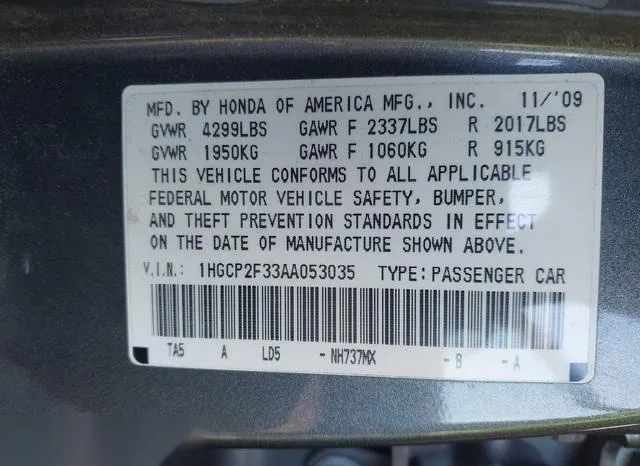 1HGCP2F33AA053035 2010 2010 Honda Accord- 2-4 LX 9