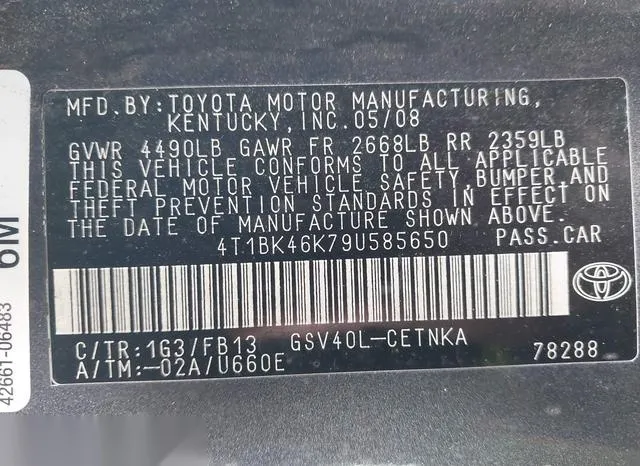 4T1BK46K79U585650 2009 2009 Toyota Camry- Le V6 9