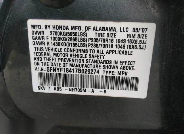 5FNYF18417B029274 2007 2007 Honda Pilot- EX 9