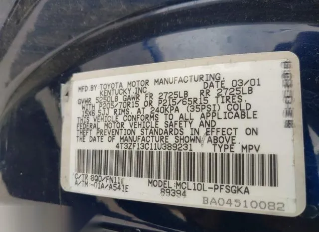 4T3ZF13C11U389231 2001 2001 Toyota Sienna- LE 9