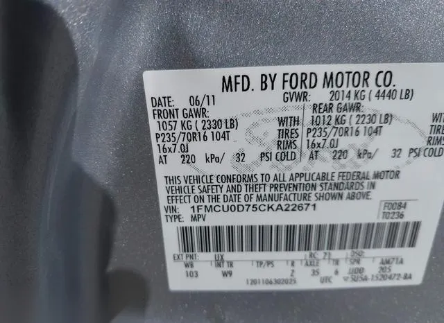 1FMCU0D75CKA22671 2012 2012 Ford Escape- Xlt 9