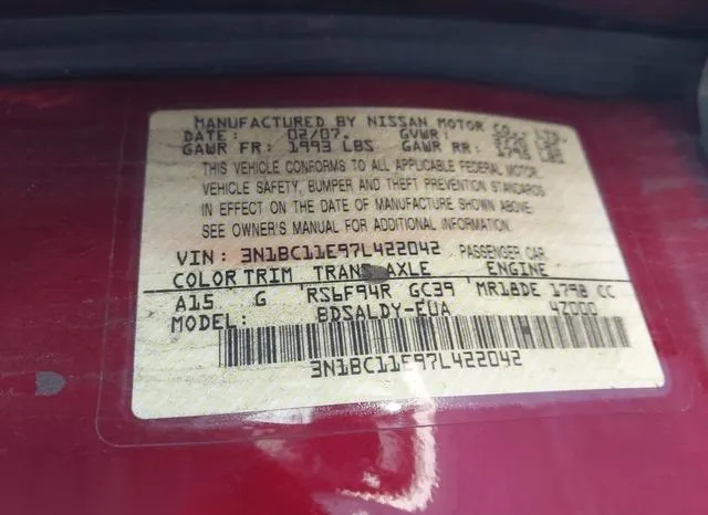 3N1BC11E97L422042 2007 2007 Nissan Versa- 1-8S 9