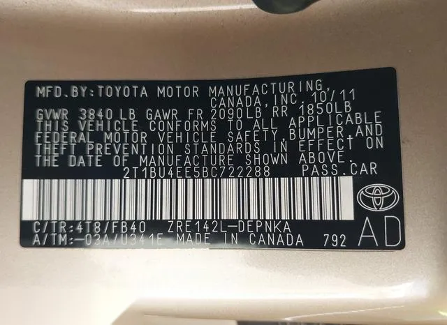 2T1BU4EE5BC722288 2011 2011 Toyota Corolla- LE 9