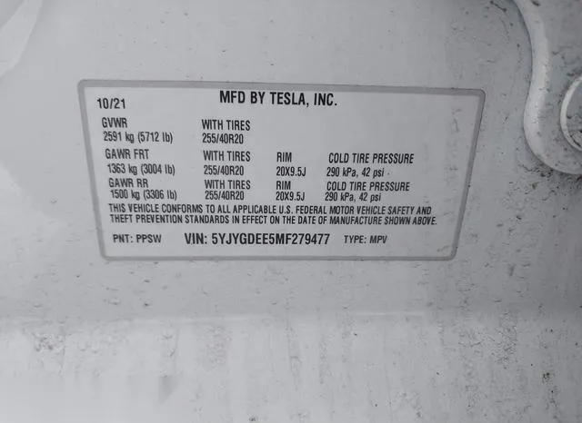 5YJYGDEE5MF279477 2021 2021 Tesla Model Y- Long Range Dual 9