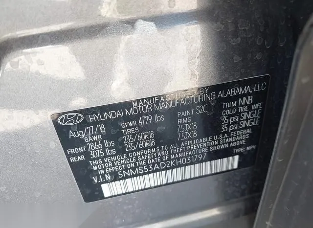 5NMS53AD2KH031797 2019 2019 Hyundai Santa Fe- Ultimate 9