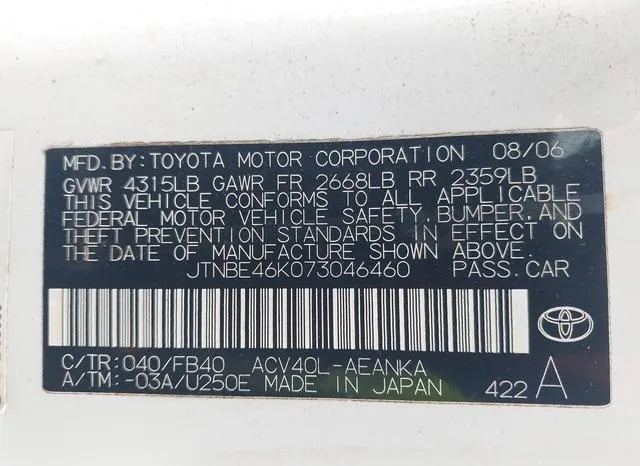 JTNBE46K073046460 2007 2007 Toyota Camry- LE 9