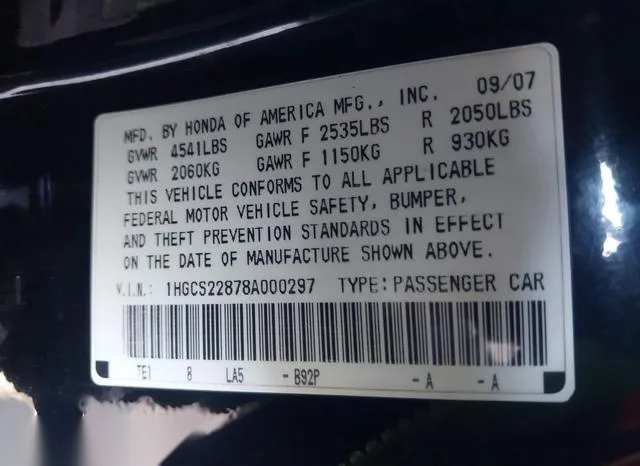 1HGCS22878A000297 2008 2008 Honda Accord- 3-5 Ex-L 9