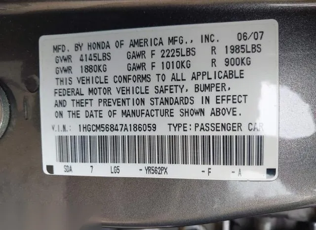 1HGCM56847A186059 2007 2007 Honda Accord- 2-4 EX 9