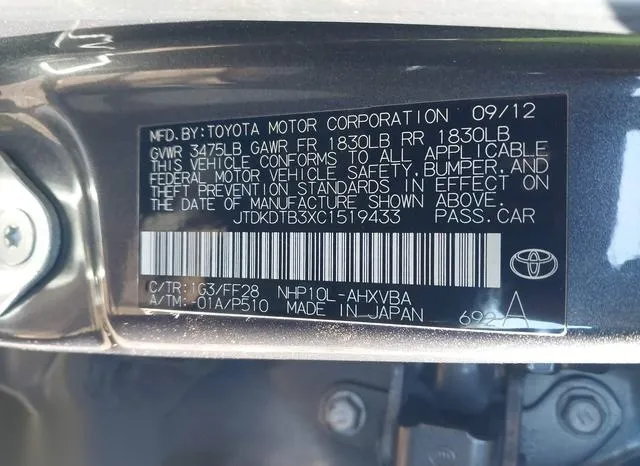 JTDKDTB3XC1519433 2012 2012 Toyota Prius- C Two 9