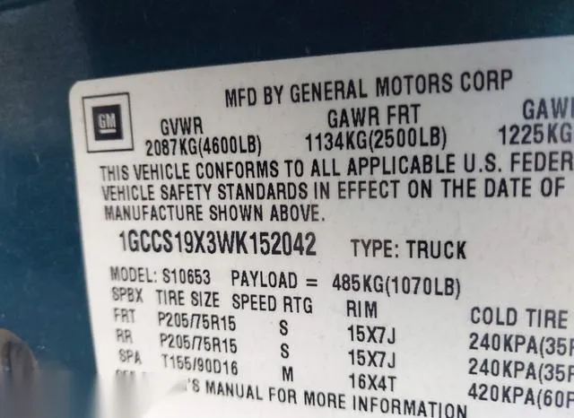 1GCCS19X3WK152042 1998 1998 Chevrolet S10- Ls Fleetside 9