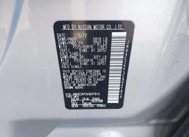 JN8AE2KP3C9047815 2012 2012 Nissan Quest- SV 9