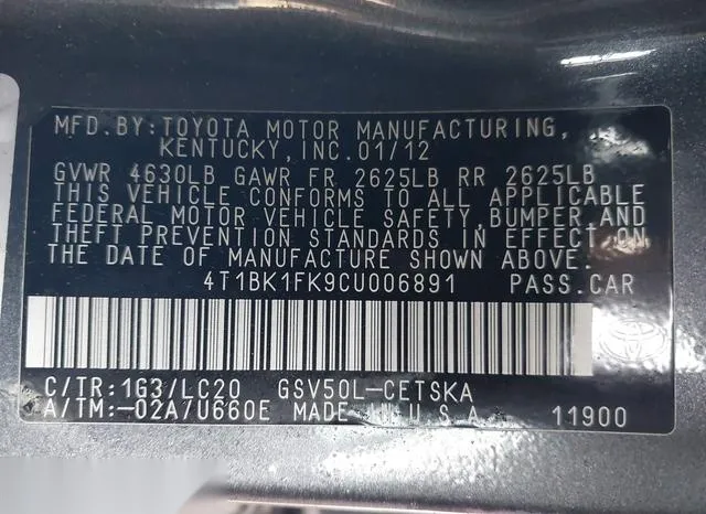 4T1BK1FK9CU006891 2012 2012 Toyota Camry- Se V6 9