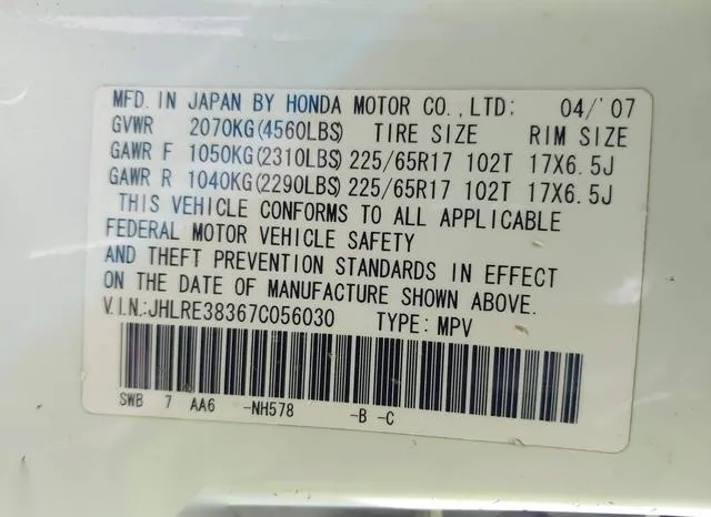 JHLRE38367C056030 2007 2007 Honda CR-V- LX 9