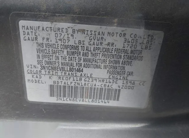 3N1CN8EV8LL801464 2020 2020 Nissan Versa- Sv Xtronic Cvt 9