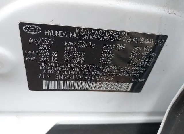 5NMZUDLB2JH073419 2018 2018 Hyundai Santa Fe- Sport 2-4L 9