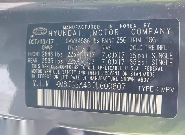 KM8J33A43JU600807 2018 2018 Hyundai Tucson- Sel 9