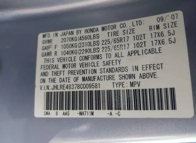 JHLRE48378C009581 2008 2008 Honda CR-V- LX 9