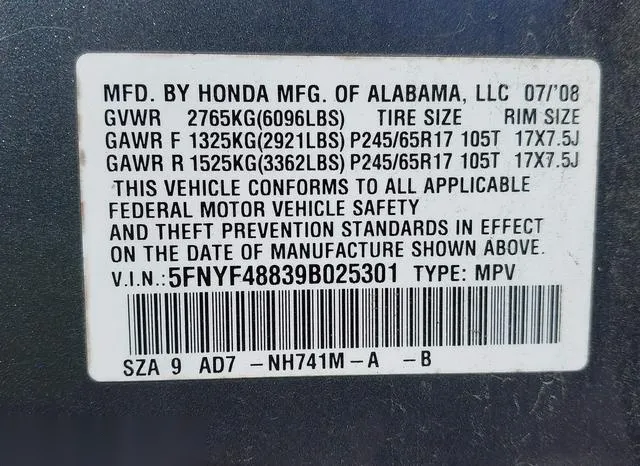 5FNYF48839B025301 2009 2009 Honda Pilot- Touring 9