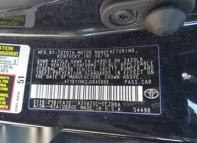 4T1B11HK2JU645899 2018 2018 Toyota Camry- LE 9