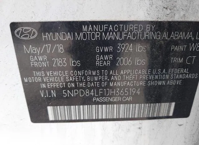 5NPD84LF1JH365194 2018 2018 Hyundai Elantra- Value Edition 9