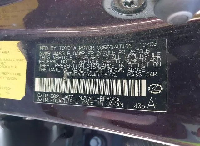 JTHBA30G240008772 2004 2004 Lexus ES- 330 9