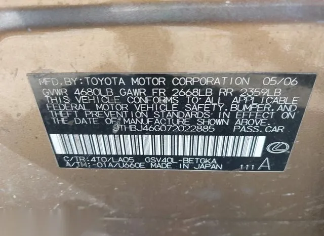 JTHBJ46G072022885 2007 2007 Lexus ES- 350 350 9