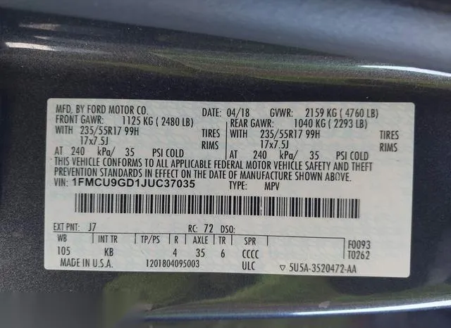 1FMCU9GD1JUC37035 2018 2018 Ford Escape- SE 9