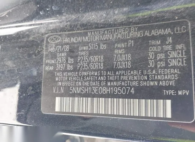 5NMSH13E08H195074 2008 2008 Hyundai Santa Fe- Limited/Se 9