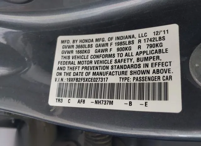 19XFB2F5XCE027317 2012 2012 Honda Civic- LX 9