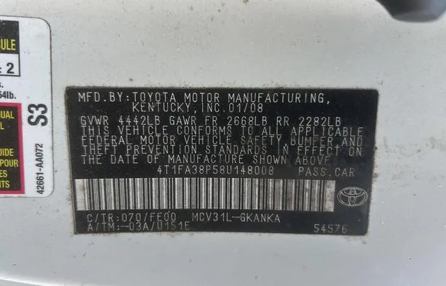 4T1FA38P58U148008 2008 2008 Toyota Camry- SE 10