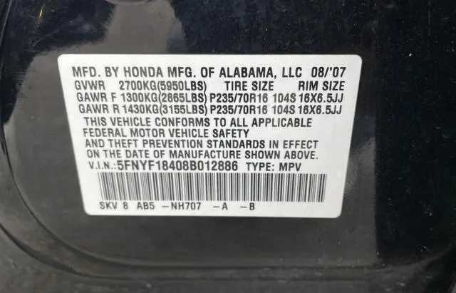 5FNYF18408B012886 2008 2008 Honda Pilot- EX 10