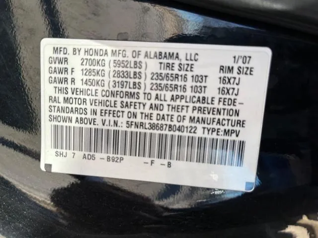 5FNRL38687B040122 2007 2007 Honda Odyssey- Exl 10